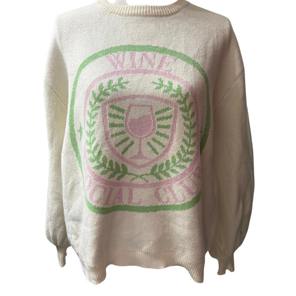 Dee Elly Womens Size Small Cream Wine Social Club Knit Pullover Crewneck Sweater